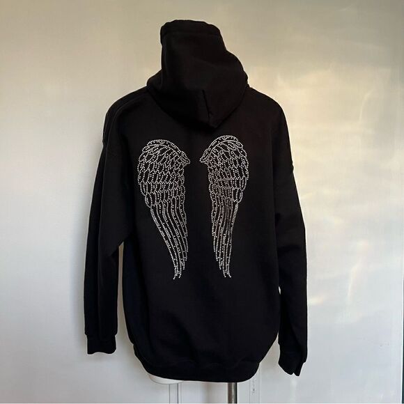 Gildan Heavy Blend Rhinestone Angel Wings Hoodie Sweatshirt - Picture 1 of 7